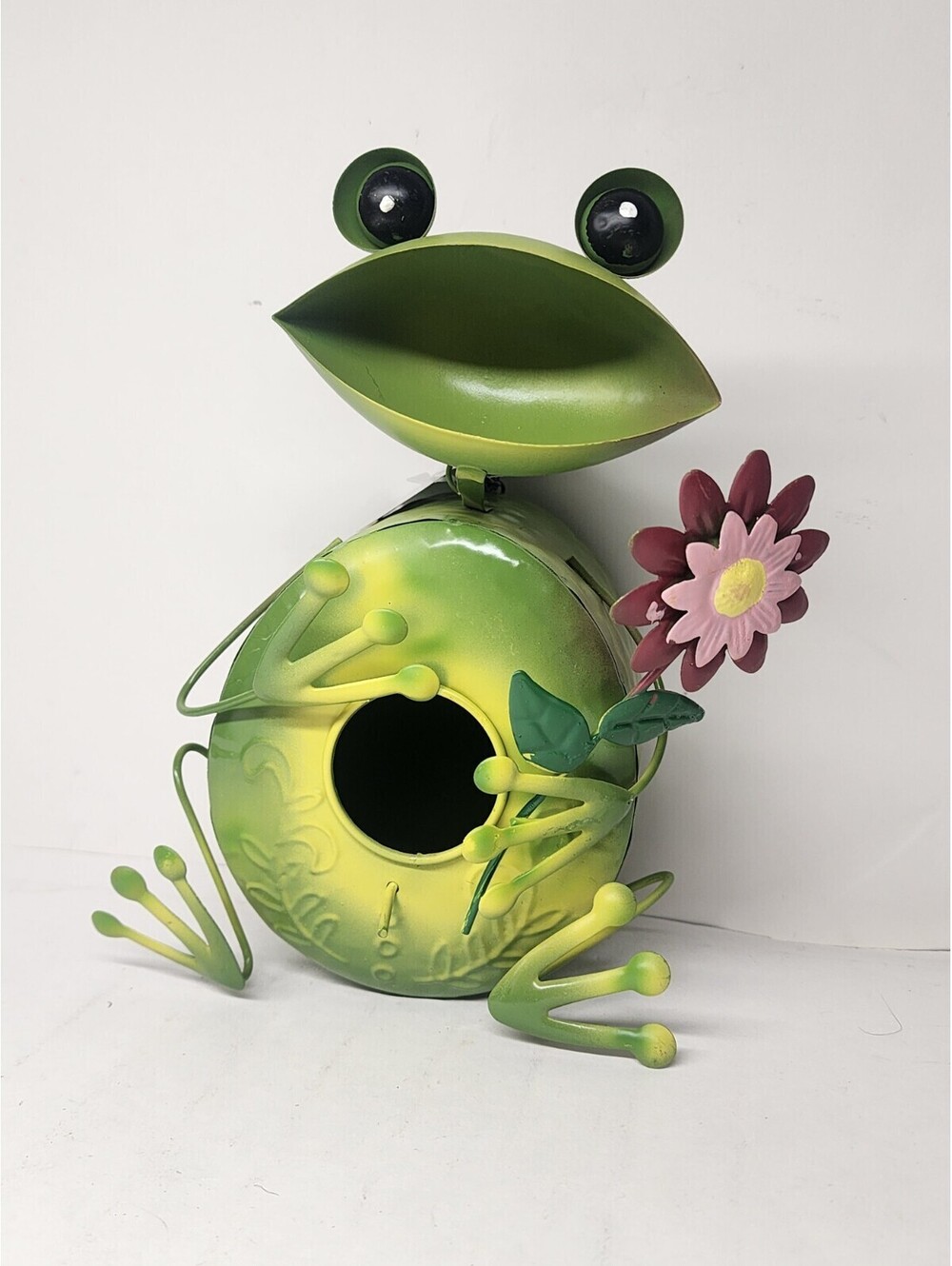 Hand Painted Rustic Metal Bird Houses Frog With Flower